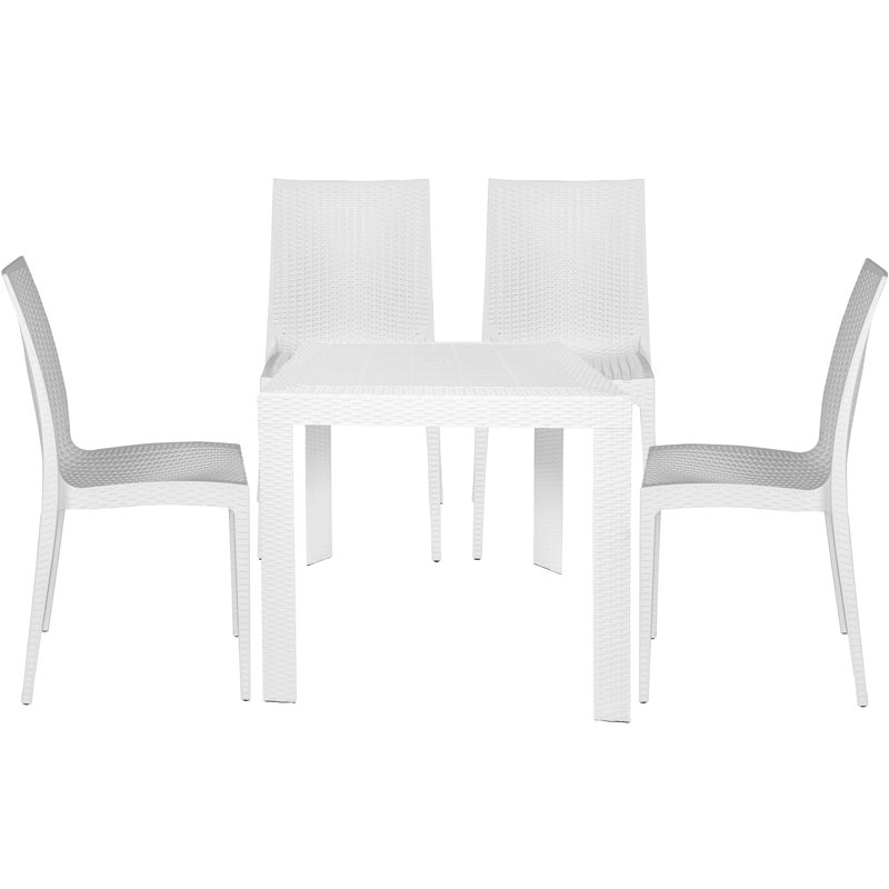 5-Piece Outdoor Dining Set with Square Dining Table and 2 Dining Side Chairs Weave Design, White, White