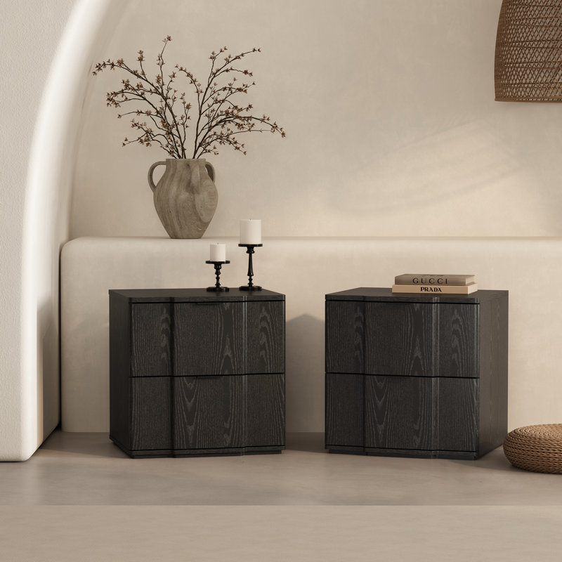 Clive 22" Mid-Century Modern 2-Drawer Nightstand in Black, Black