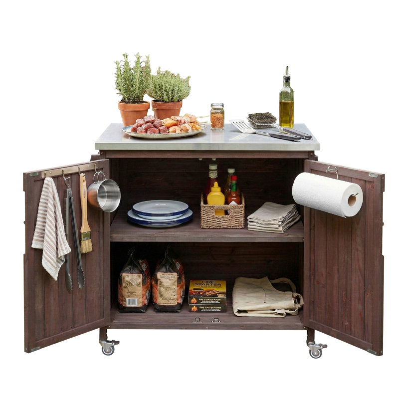 42.1" Outdoor Kitchen Island with Side Shelf – Grill Cart with Storage Cabinet, Stainless Steel Top, Adjustable Shelf & 4 Wheels for Pizza Prep (Dark Brown)