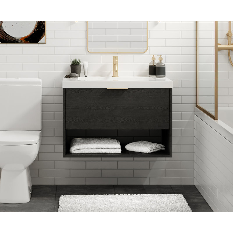 Modo 42" W Wall Mounted Single Bathroom Vanity, Matte White/8" Widespread, Charred, Satin Brass