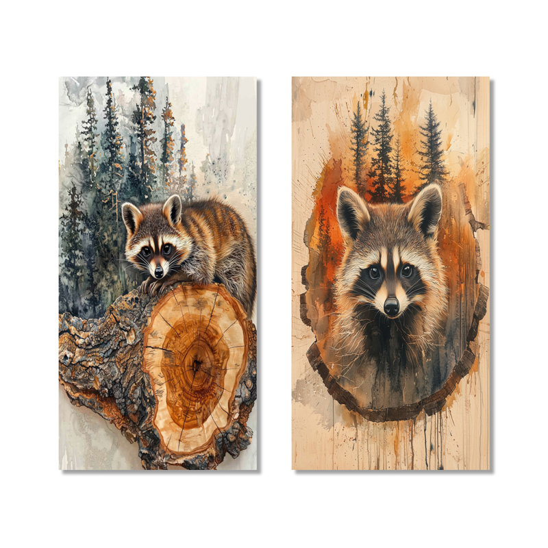 «Canadian Raccoon At Forest On Slide I», collection d'art sur toile 2 pièces, H 28 po x l 25 po, Toile tendue