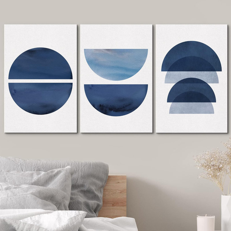 Bleu, demi-cercle, variété géométrique, formes géométriques, art numérique moderne bohème, 3 pièces, H 36 po x l 72 po