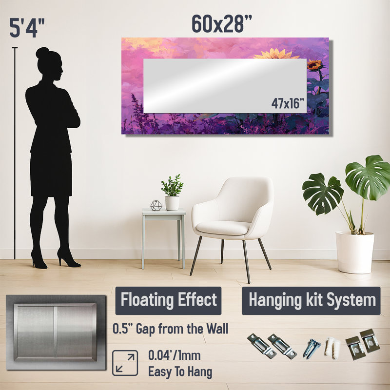 Mauve, crépuscule, tournesols, champ I - décoration murale miroir floral - imprimé sur métal, 28 po x 60 po