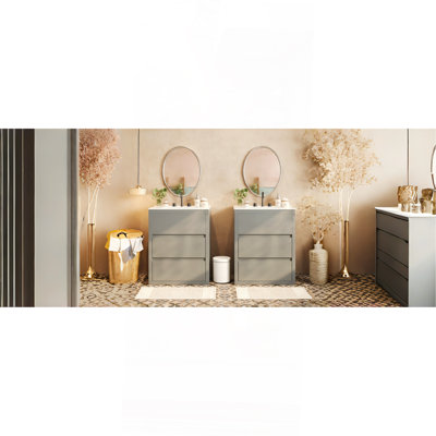 Ensemble de meuble-lavabo double 60 po, armoire de salle de bain avec deux lavabos en céramique séparés, tiroirs pleine extension et glissières de tiroir encastrées à fermeture en douceur, gris