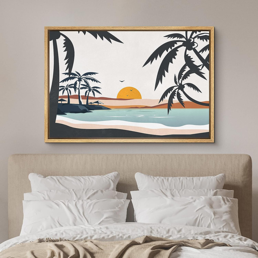 Coastal Beach Tropical Palm Tree Ocean Beachy Sunset Coastal Decor Pictures Framed Canvas Painting Print Wall Art IDEA4WALL 