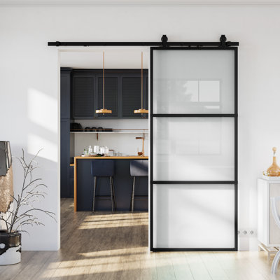 42"x 96" Metal and Clear Glass Sliding Barn Door with Installation Hardware Kit ( Soft-close Included)