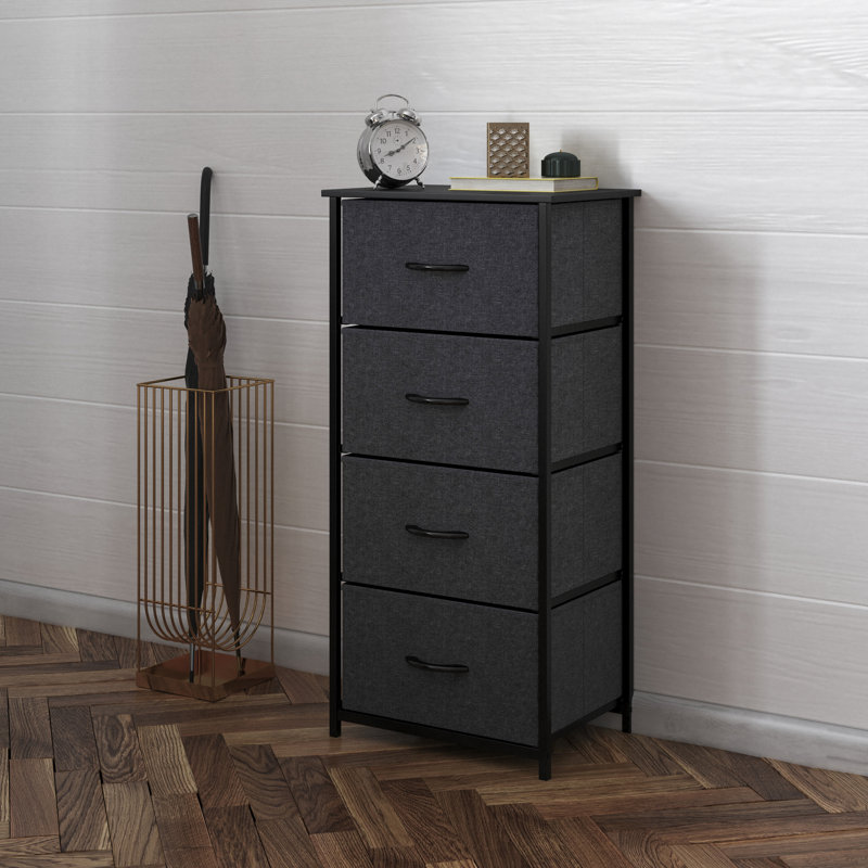 Melisaa 4 Drawer Vertical Storage Dresser with Cast Iron Frame, Wood Top and Fabric Drawers, Black