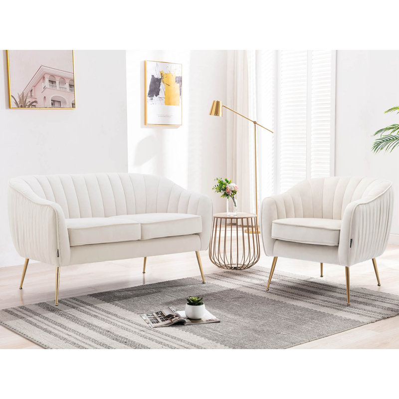 Velvet Accent Chair With Gold Finished Legs, Beige Velvet
