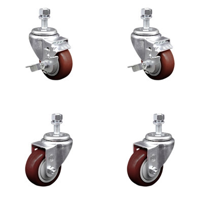 3.5 Inch SS Maroon Polyurethane Swivel 12mm Threaded Stem Caster Set 2 Brake
