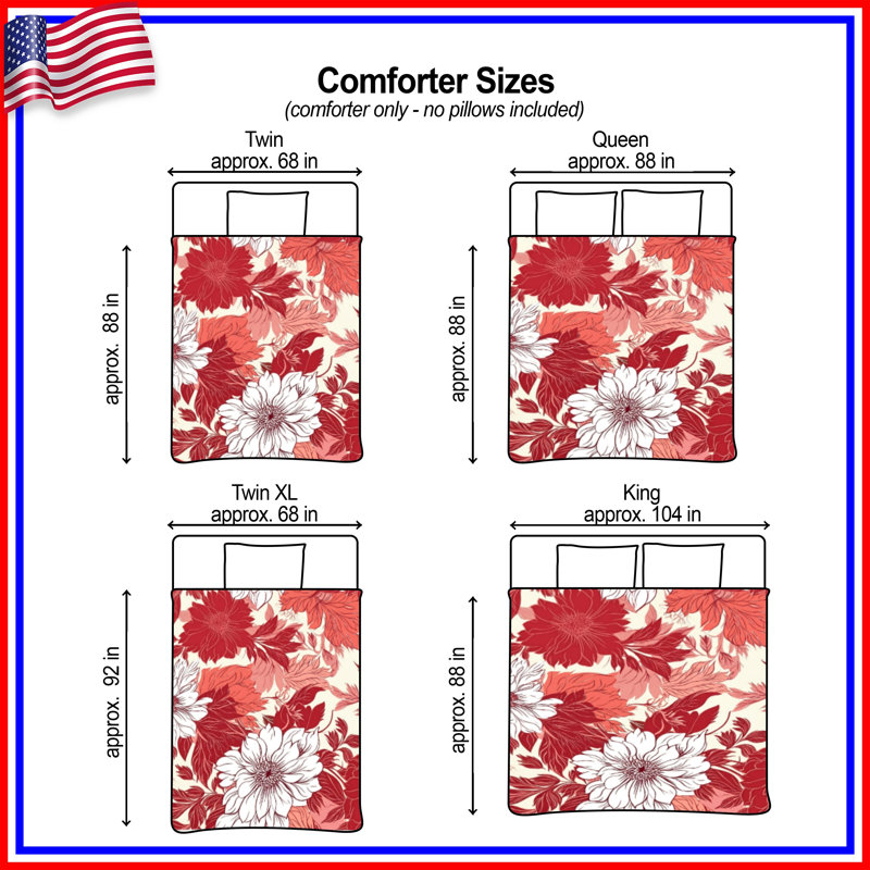 Red White Floral Pattern Comforter, Queen