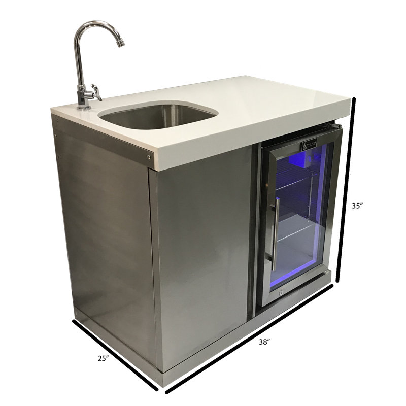 Mont Alpi MASF-SS Stainless Steel Beverage Center Cabinet Module + 2.7 Cubic Feet Wine Cooler Outdoor Rated Temperature Adjustable Compact Lockable Refrigerator + Faucet & Sink