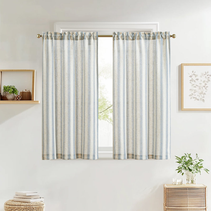 Kitchen Curtains Striped Tier Cafe Curtains Farmhouse Small Curtains, 26" W x 45" L, Blue on Beige