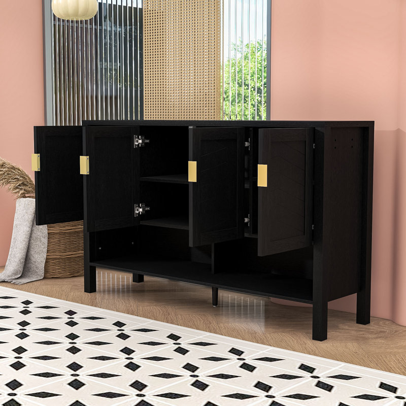 Storage Sideboard with 4-Door Design, Adjustable Shelves, Open Shelf and Dual-Sided Hooks, Black