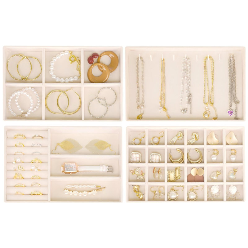 Stackable Jewellery Trays Organizer For Drawer, 4 Set Of Jewellery Organizers And Display Case Storage, Velvet Drawer Inserts Organizer,Beige