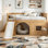 Lit mezzanine double en bois pleine grandeur avec tablettes de rangement, glissade, porte et fenêtre
