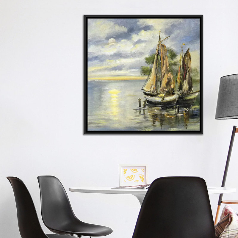 «Boat Lie at Anchor», reproduction sur toile, H 18 po x l 18 po x P 1,5 po, Toile encadrée noire, Pas de tapis