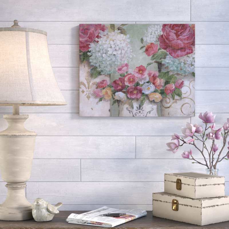« contient des fleurs », reproduction d’art sur toile tendue, H 30 po x l 40 po x P 1,5 po