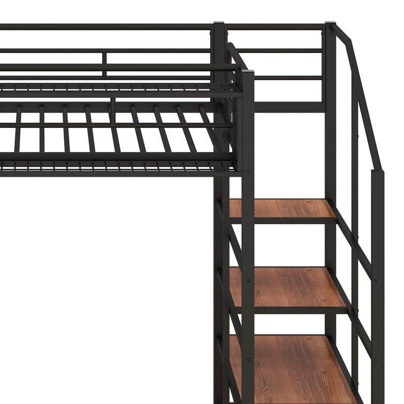 Lit mezzanine simple avec escalier et rangement, structure de lit mezzanine en métal avec tablette de rangement supérieure et escalier de rangement latéral