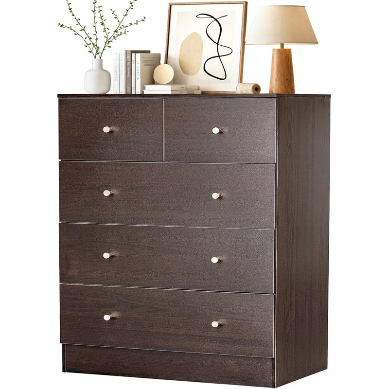 5-Drawer Chest of Drawers, 35.8" Tall Brown Dresser with Melamine Laminate Finish & Gold Handles for Bedroom, Brown