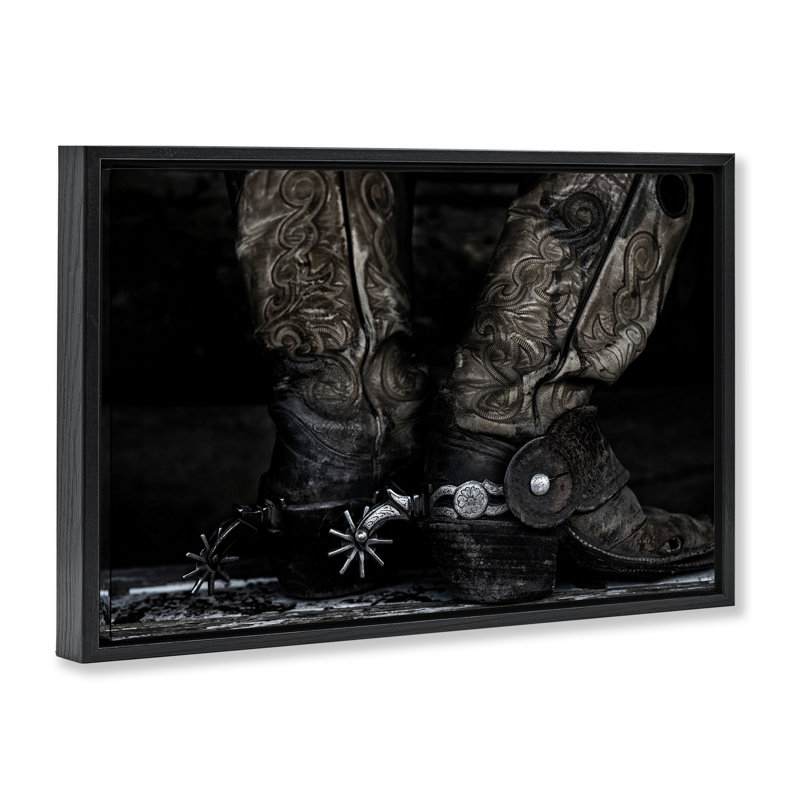 «Cowboy bottes with spurs», art mural encadré sur toile flottante, design par PHBurchett, Cadre flottant noir de jais