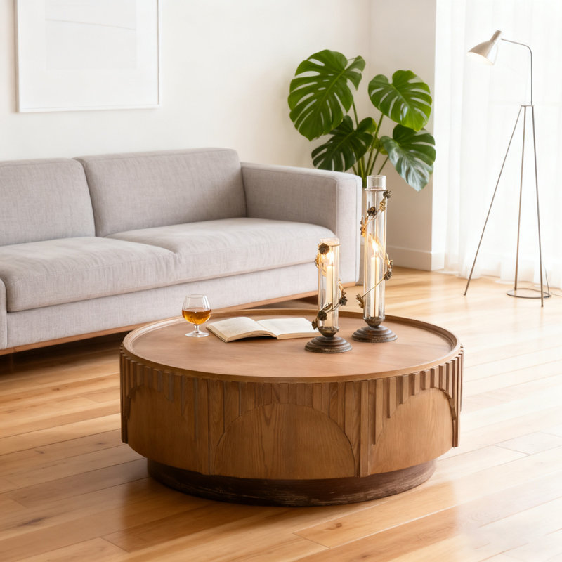 Table basse ronde ronde en bois massif moderne fabriquée à la main en relief avec piédestal robuste pour appartement et salon
