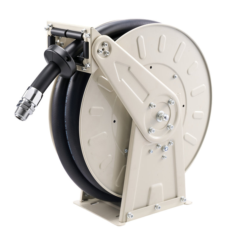 Retractable Fuel Hose Reel, 1 inch x 33 ft, Spring-Driven Rewind, 300 PSI, Durable Carbon Steel Frame with Industrial Rubber Hose, Suitable for Diesel and Kerosene