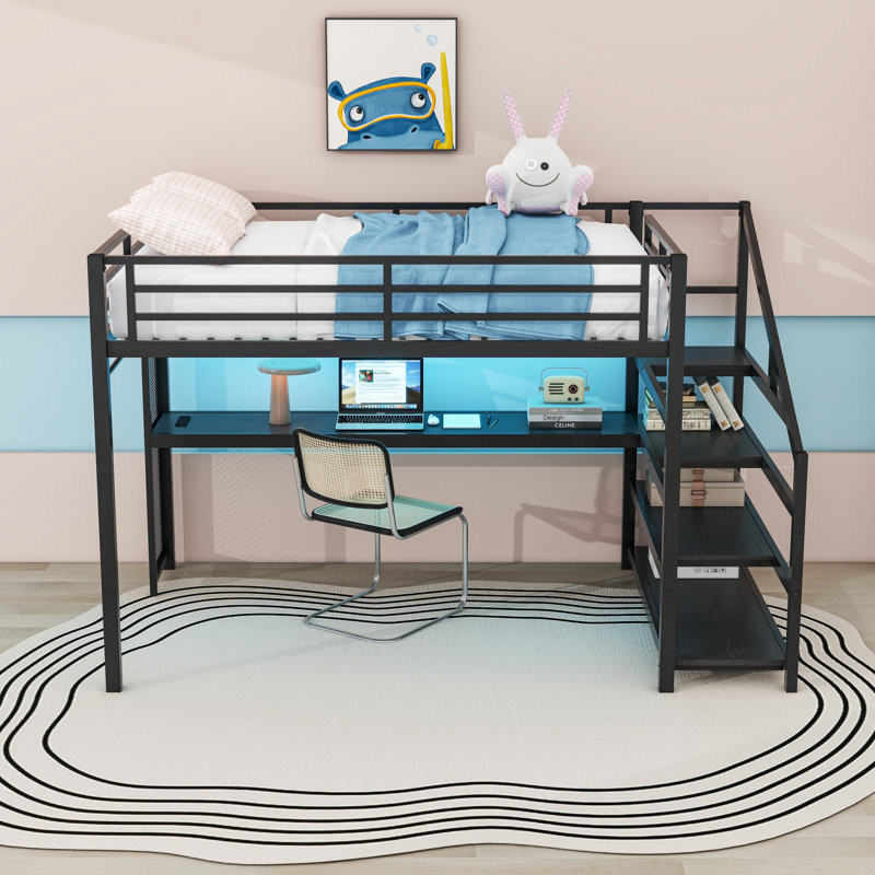 Structure de lit mezzanine en métal avec bureau intégré, tablettes et ports USB, Grand lit