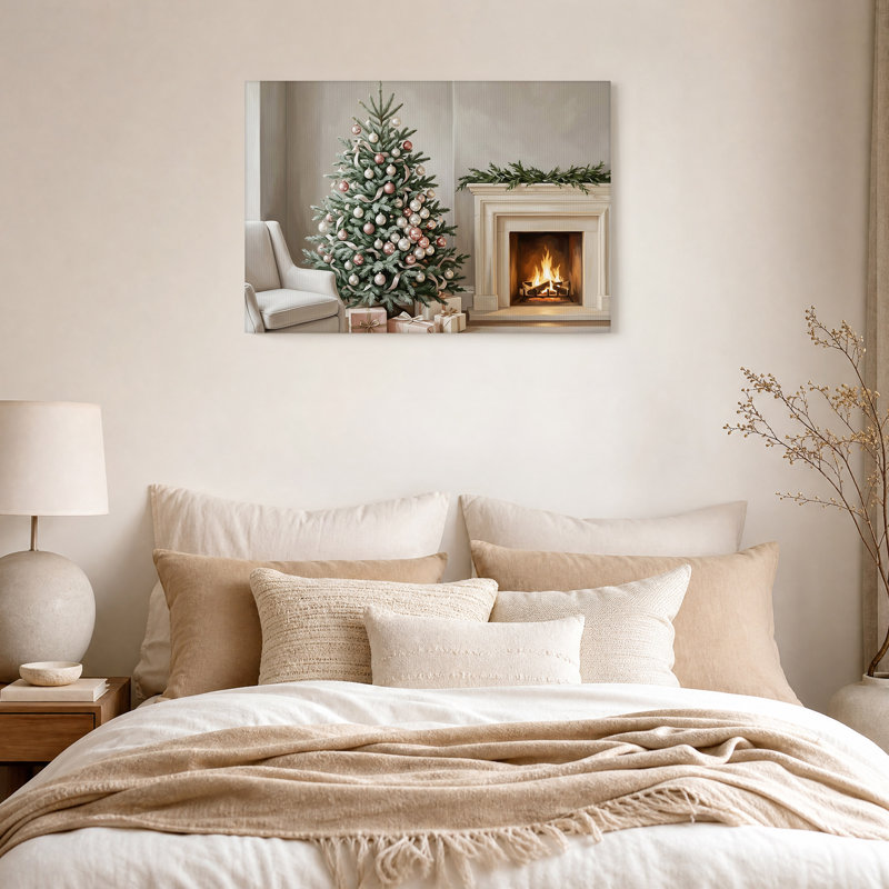 Arbre de Noël décoré avec cheminée et cadeaux, art mural sur toile, H 16 po x l 24 po