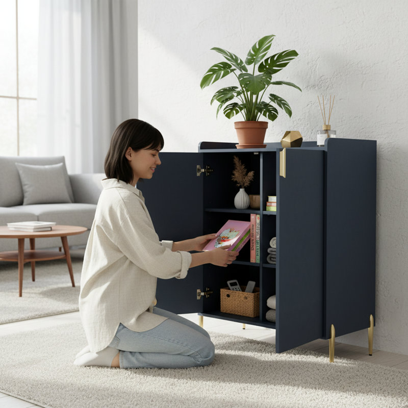 Bar à vin 2 portes avec porte-bouteilles, tablette réglable, buffet moderne, bleu | Idée de cadeau, Bleu