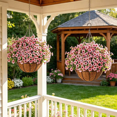 2 Pack Artificial Hanging Flowers Basket With Hanging Basket for Outdoors Fake Hanging Plants Spring Summer Decoration UV Resistant for Garden Front Porch Patio Balcony Decor