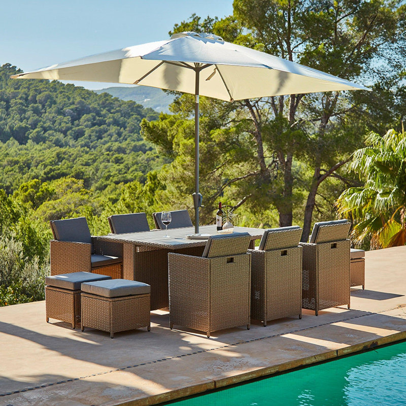Nellwyn All Weather Wicker/Rattan 10 - Person with Cushions & Parasol, Brown, Grey