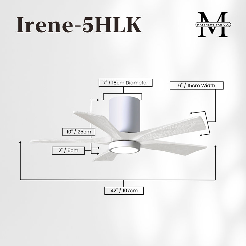 Irene Flushmount Light Kit 5 Blade LED Ceiling Fan, Gloss White, 42", Matte White