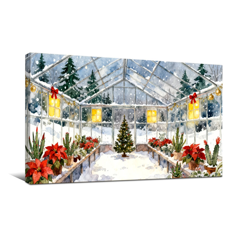 Scène de Noël avec serre et poinsettias, H 24 po x l 48 po