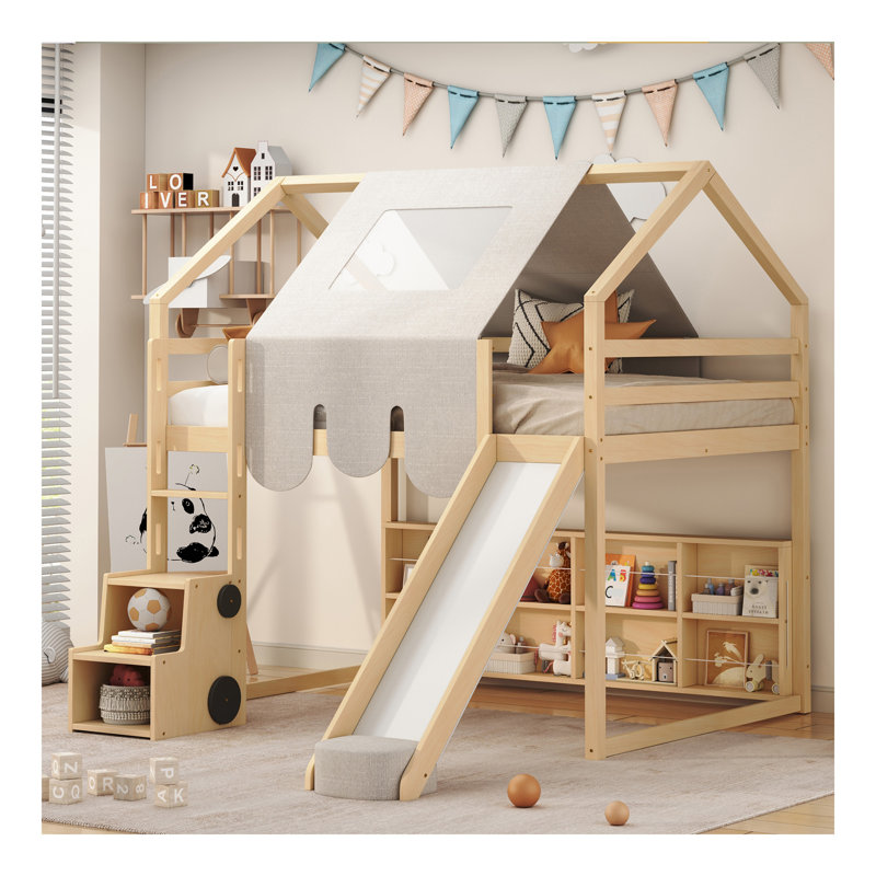 Lit mezzanine en bois pleine grandeur en forme de maison avec tente, naturel et beige, Naturel / Beige, Lit double