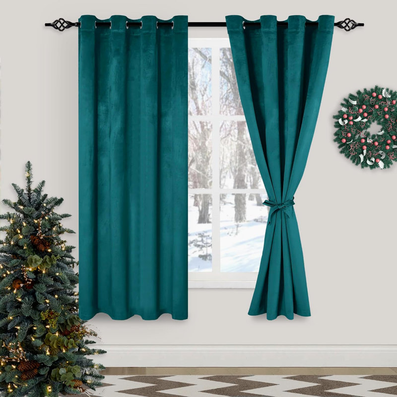 Rithvika Velvet Solid Color Noise Reducing Blackout Grommet Curtain Panels for Home & Office, 52" W x 63" L, Peacock Blue