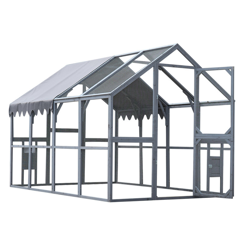 Enclos d'extérieur gris de 110 po avec couvercle imperméable amélioré, entrée pour l'alimentation des animaux de compagnie, deux petites sorties, filet de sécurité galvanisé, toit de jeu spacieux et amovible, style Interaction,