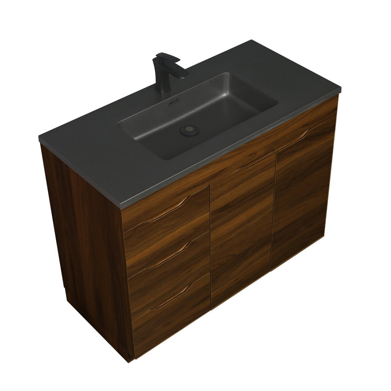 Meuble-lavabo autoportant en noyer de 40 po avec comptoir en quartz noir Damico