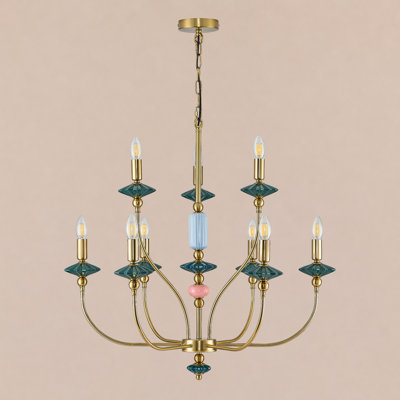 Lustre rétro à 9 lumières avec accents en céramique colorée et finition dorée pour la salle à manger et le vestibule