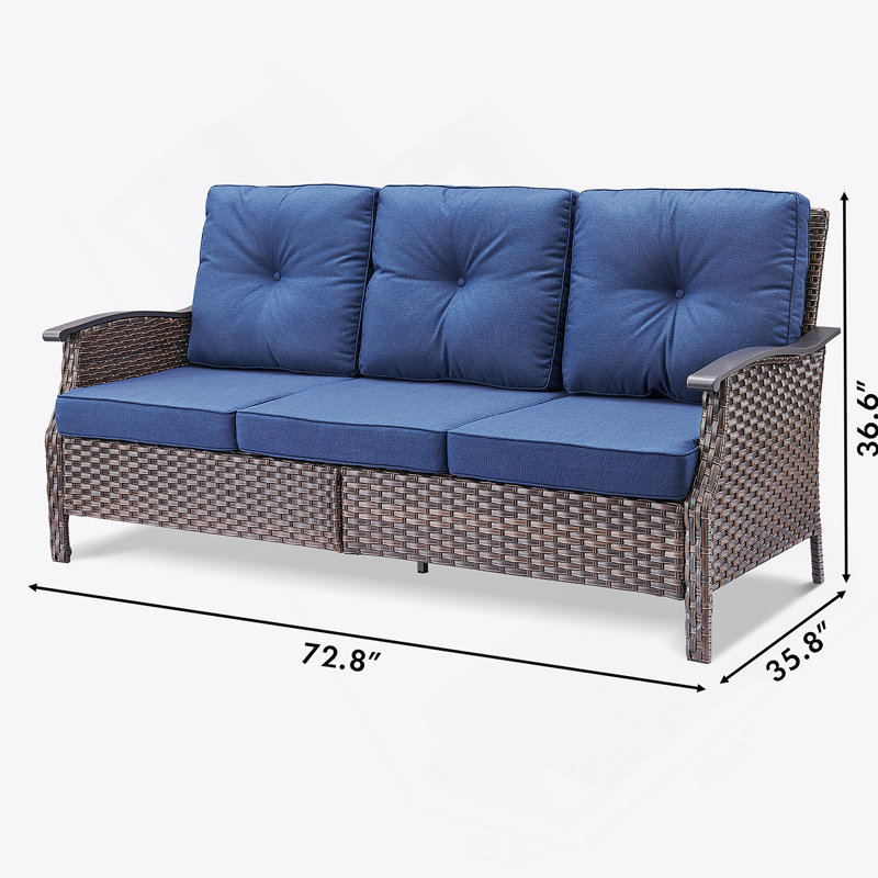 Canapé d'extérieur en osier durable de 73,4 pouces de largeur avec coussins bleus pour le confort du patio et du jardin