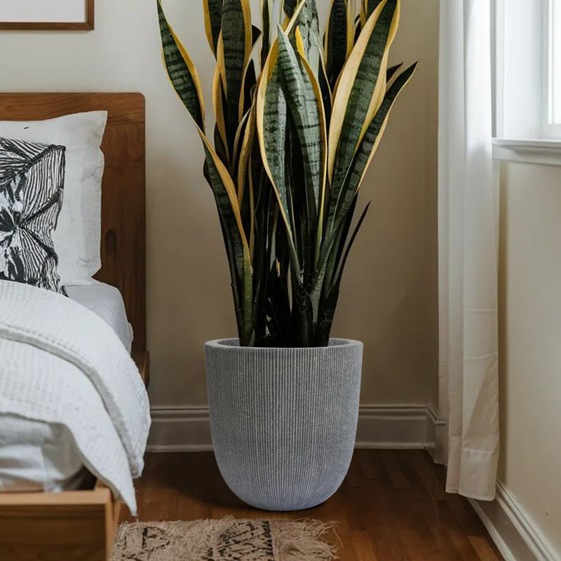  14.8" Gray Fluted Faux Cement Planter, Tall Tapered Round Pot with Drainage, Lightweight UV Resistant Plastic for Indoor Outdoor, 12.5" Opening