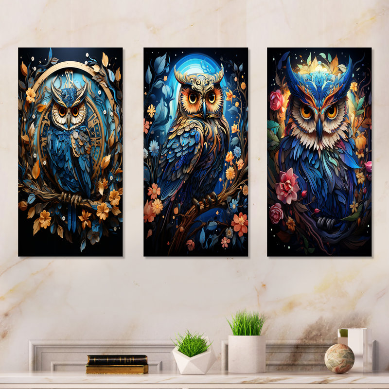 Fantaisie, représentation d'un hibou enchanté - ensemble de 3 impressions sur toile de hibou, Toile tendue, H 28 po x l 36 po