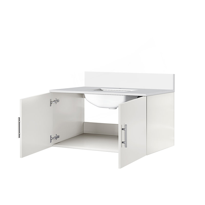 36 po X P 22 po D Meuble-lavabo de salle de bain 2 portes avec comptoir en quartz blanc, Blanc lustré, Blanc