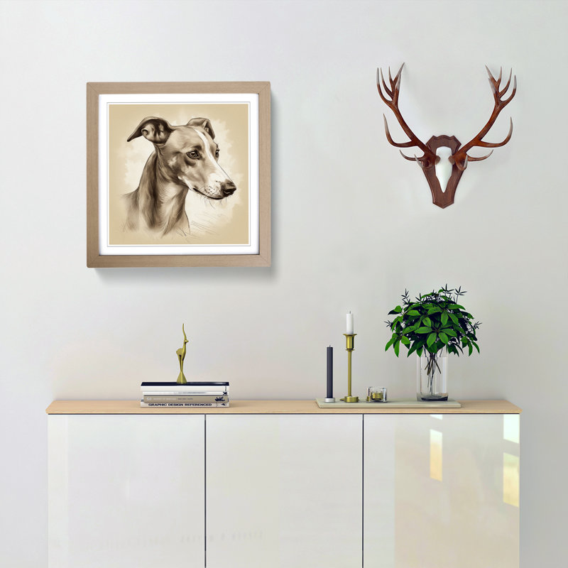 Whippet Drawing - Framed Print, Oak