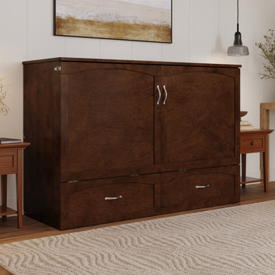 Marion Queen Wood Murphy Bed Chest with 6" Mattress, Storage Drawer, and Built-in Charger
