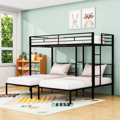 Twin Over Twin And Twin L-Shaped Triple Bunk Bed With Built-In Side Table