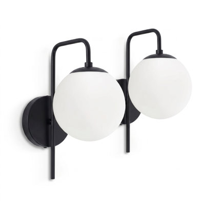 Set of 2 Milk Glass Globe Wall Sconces, Modern Black Vanity Wall Light with Curved Arm, Hardwired E26 Wall Lighting for Bathroom, Bedroom and Hallway