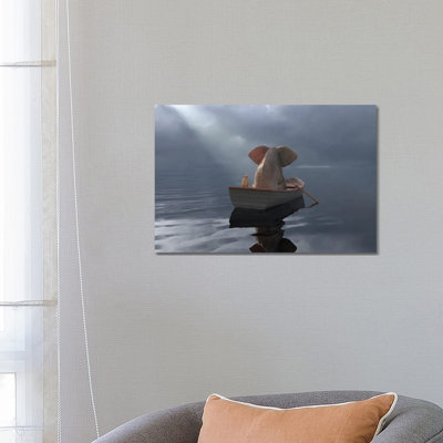An Elephant And A Dog Float In A Boat After The Rain by Mike Kiev - Wrapped Canvas Print