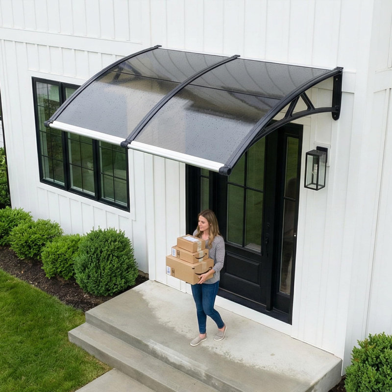Auvent de fenêtre et de porte en polycarbonate résistant aux intempéries - résistant aux rayons UV, structure en aluminium robuste, auvent facile à installer avec toit transparent - noir et brun