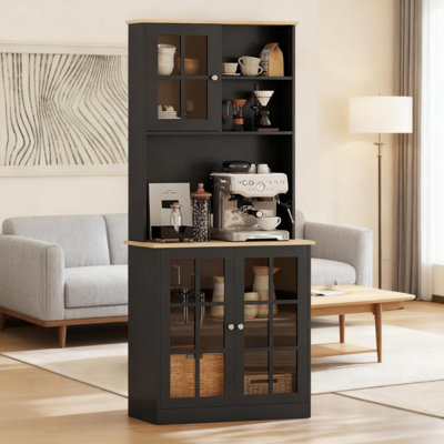 Freestanding Cabinet,Kitchen Pantry Storage Cabinet,Large Countertop, Glass Doors And Adjustable Shelves For Dining Room