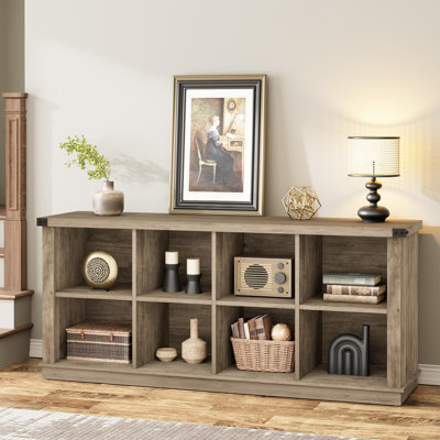 3-Tier 8-Cube Wooden Storage Organizer, 63" Long Low Farmhouse Bookshelf for Entryway, Living Room, or Bedroom